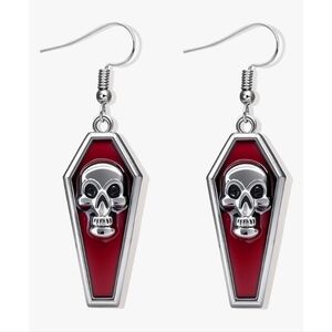 NEW Hot Topic Red & Silver Coffin Gothic Style Dangle Drop Earrings w/ Skulls